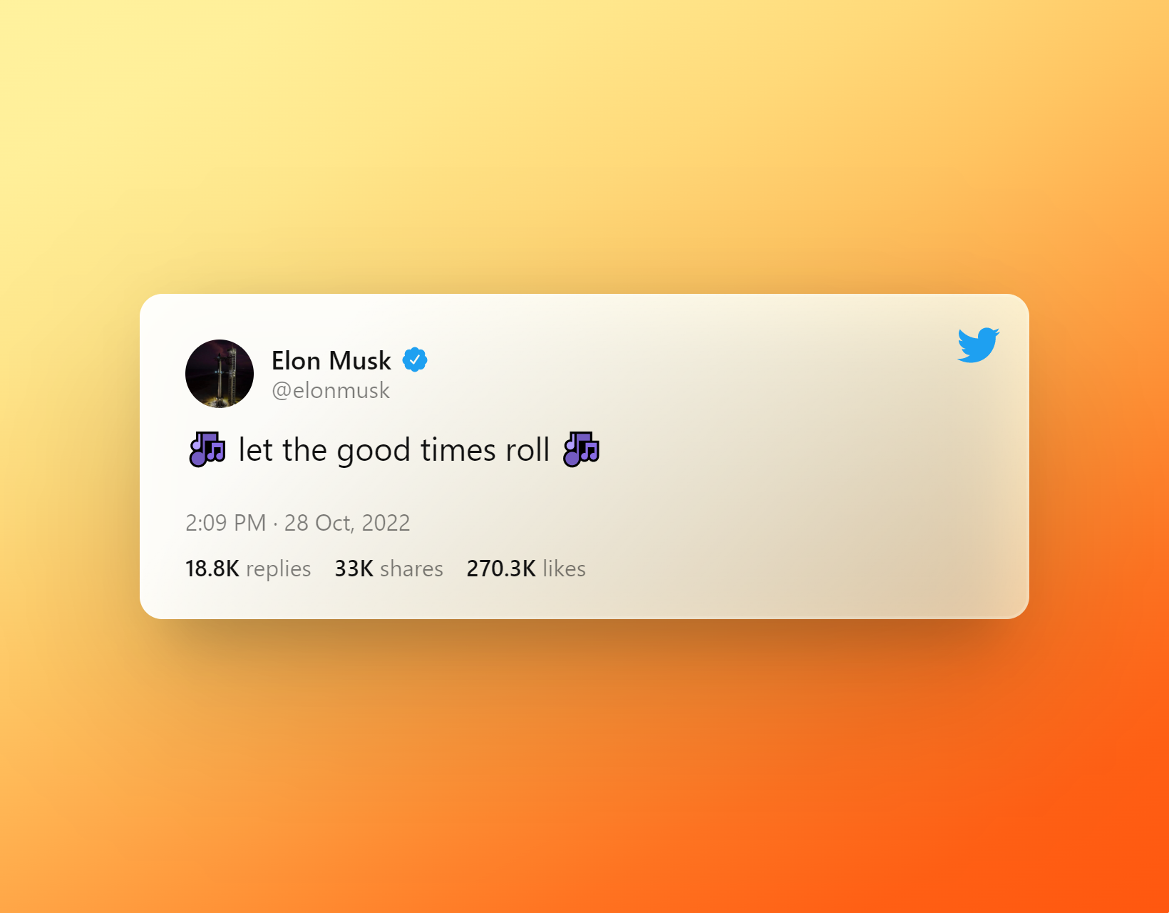 Tweet of Elon Musk: 🎶 let the good times roll 🎶