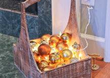 ornaments and christmas lights in a basket