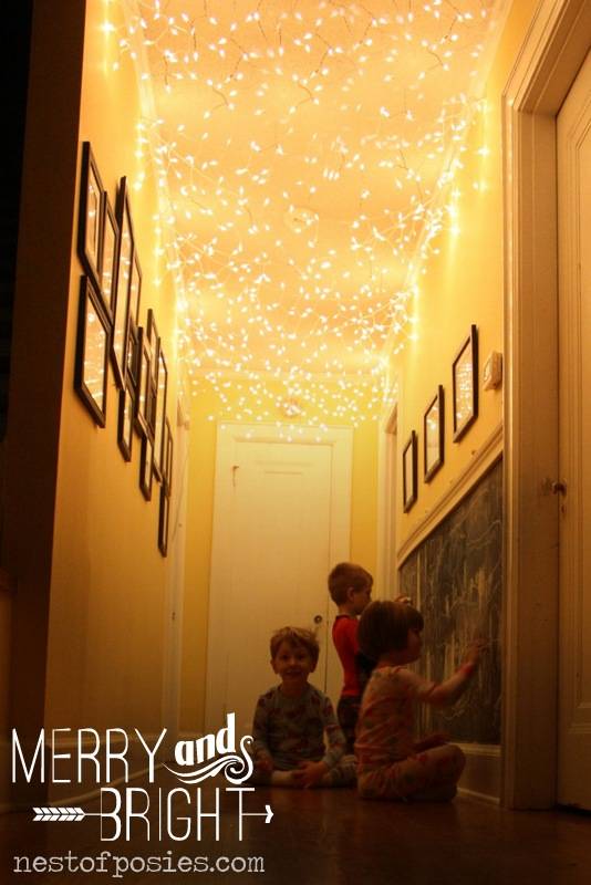 twinkle lights hanging on ceiling in hallway