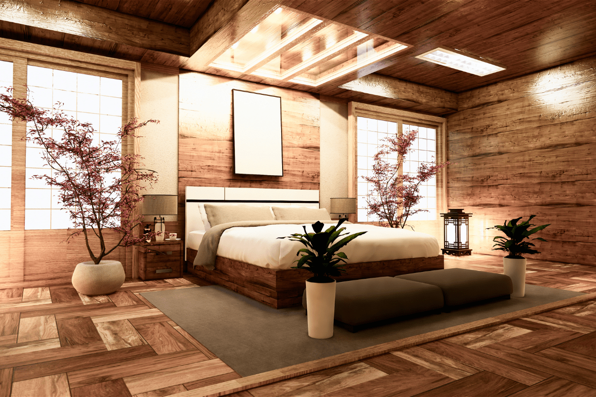 large natural traditional style japanese bedroom with low bed big windows and plants