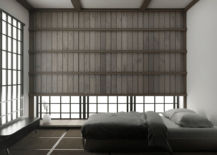dark japanese style bedroom with low bed and wood blinds
