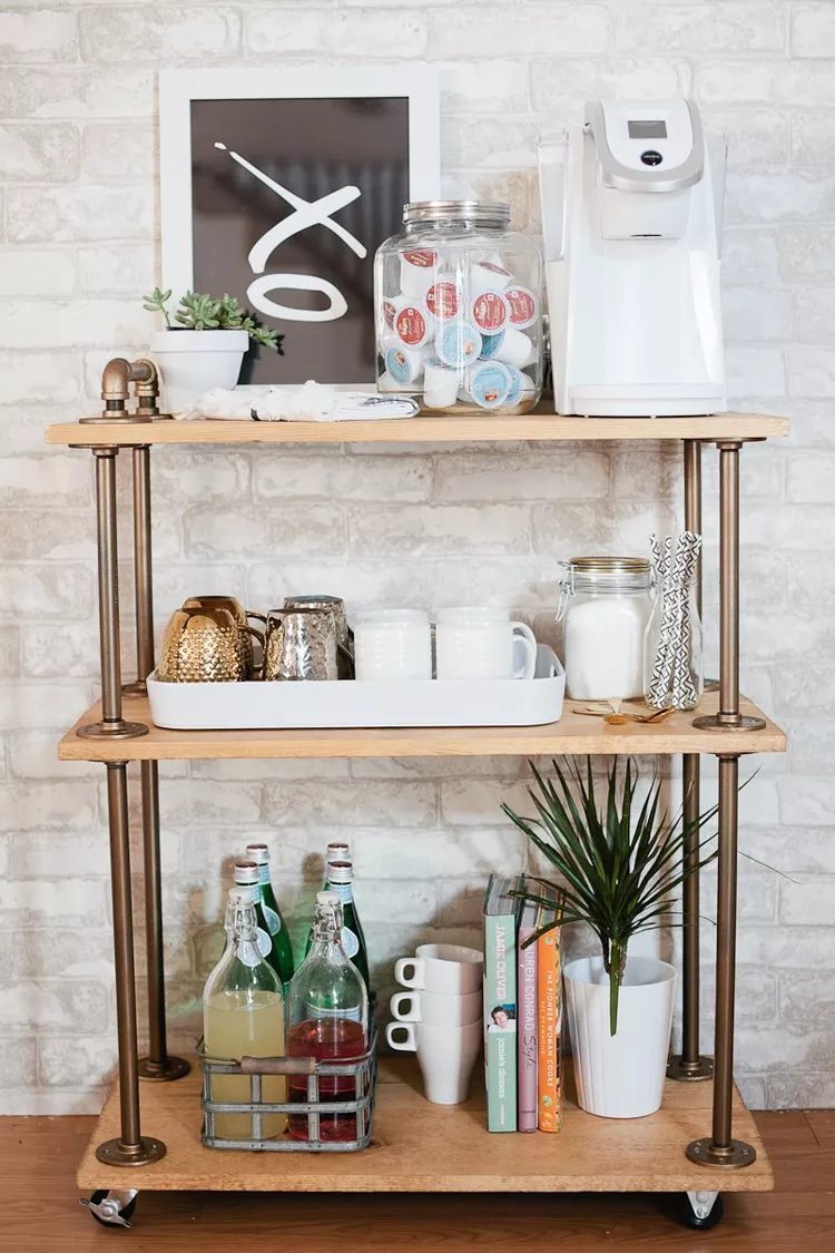 gold pipe coffee bar cart with white coffee machine