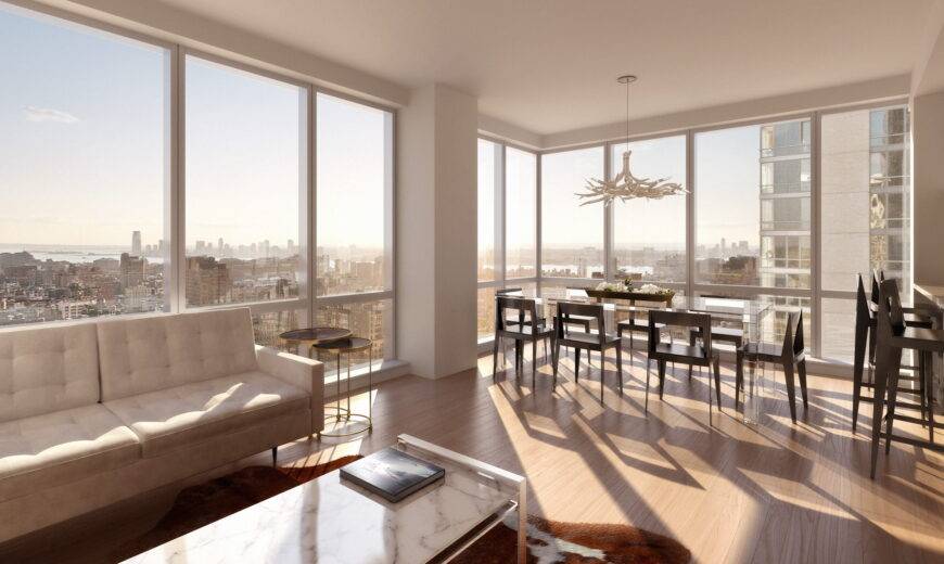 Modern New York condo with floor-to-ceiling windows.