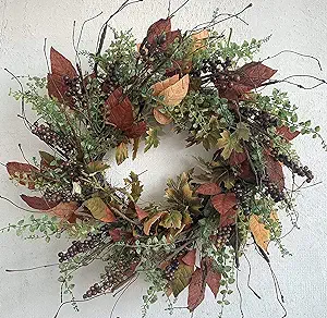 fall burgundy wreath with leaves and greenery