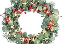 Light Up Christmas Wreath with red berries and Eucalyptus