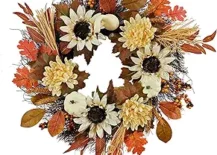 fall sunflower wreath with white sunflowers orange leaves oak leaf