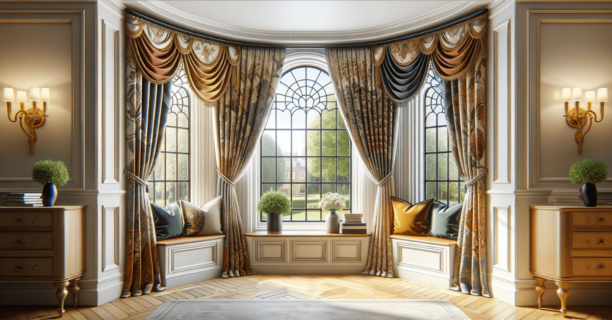 Bay window curtains with patterns and unique colors.