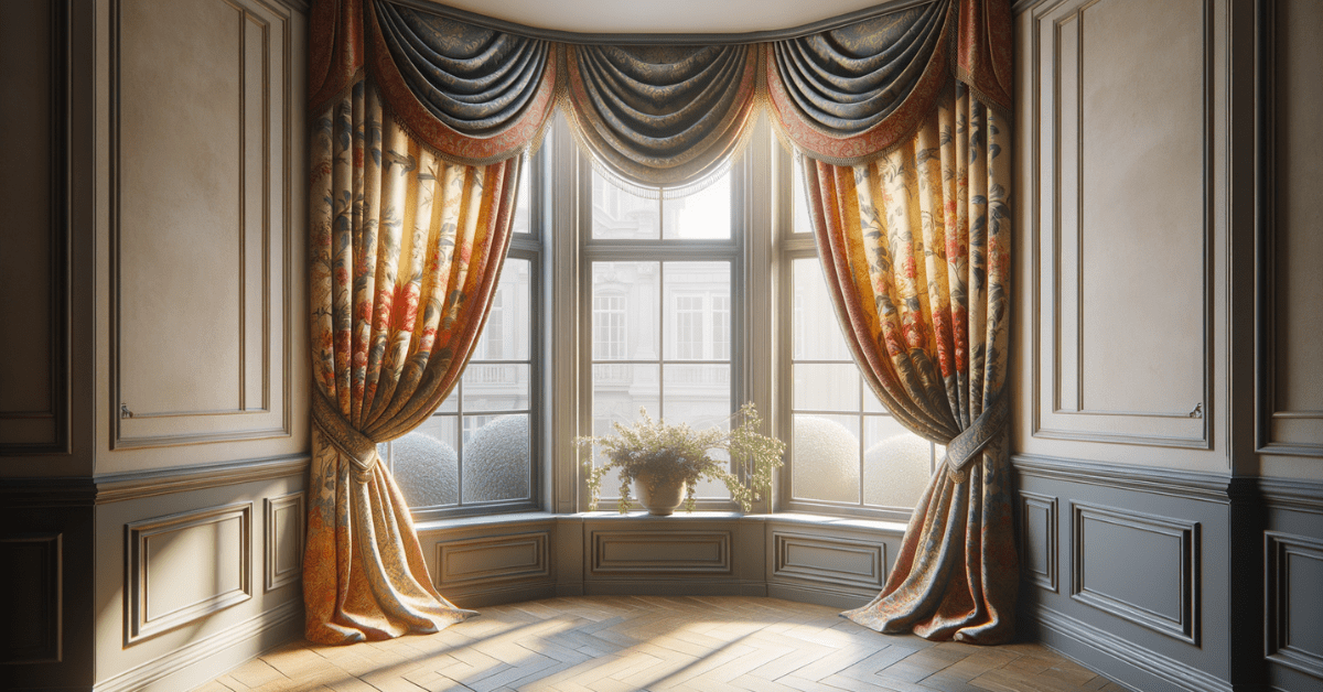 Colorful bay window curtains with patterns.