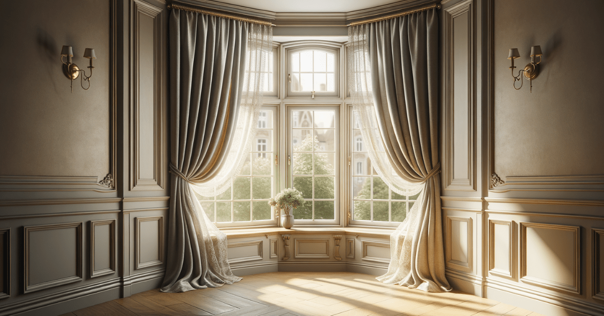 Bay window with curtains and sheer curtains.