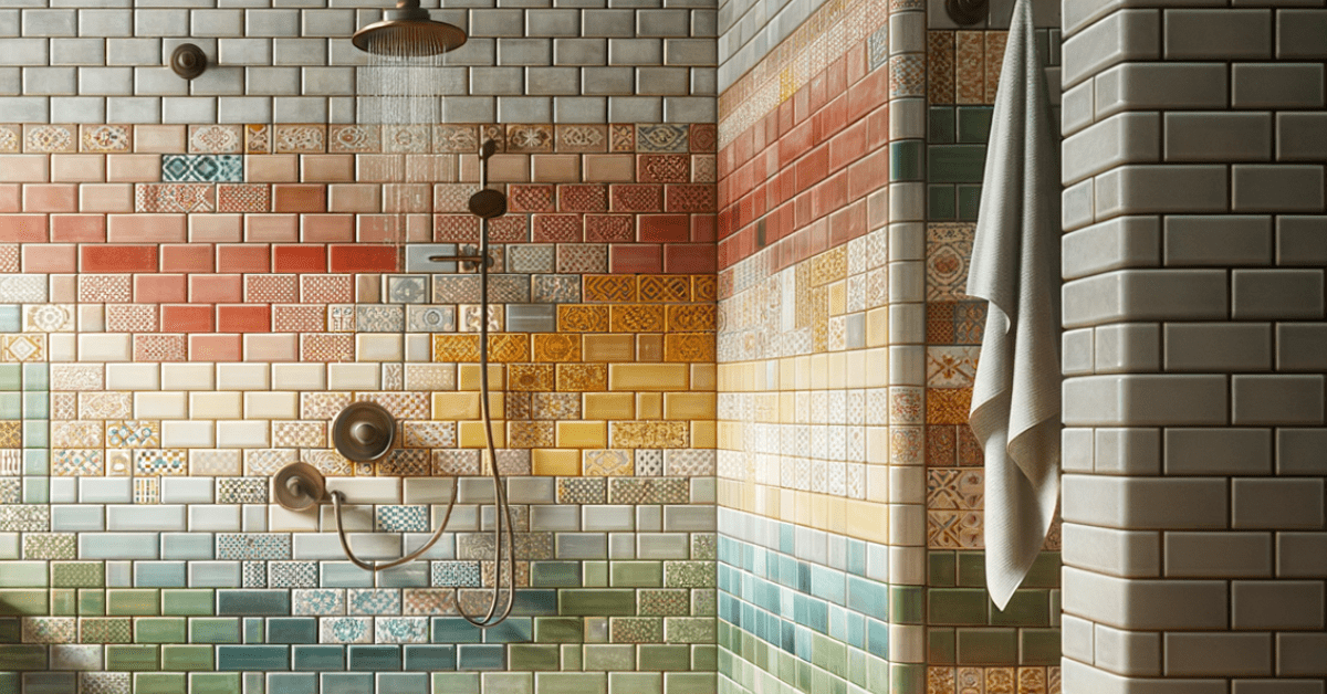 Multi-color subway tile shower with modern fixtures.