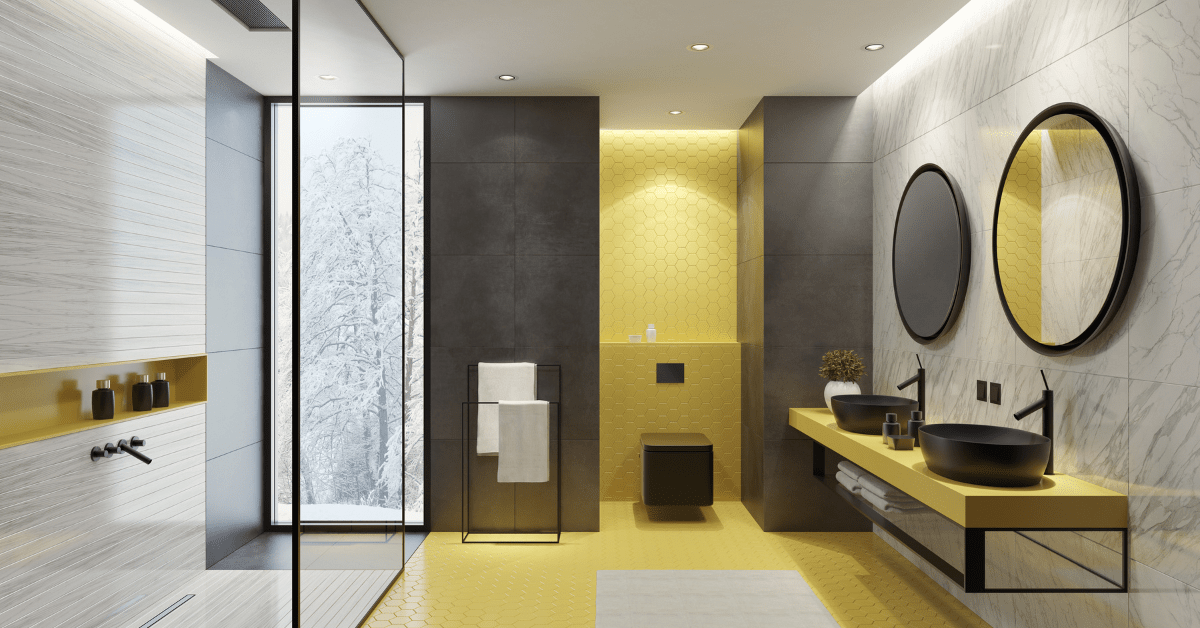 Modern wet room bathroom with yellow accents and large window in the shower for natural light to supplement the ceiling pod lights.