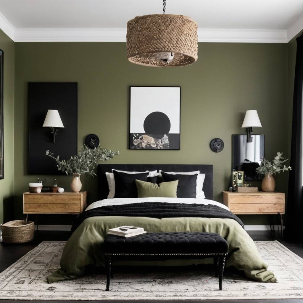 Olive green bedroom with black pillows and accents.