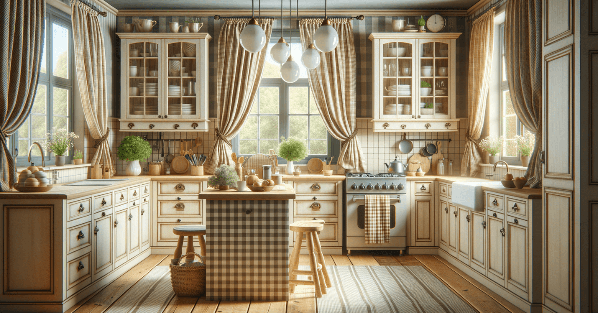 Gingham or Checkered curtains on kitchen windows.