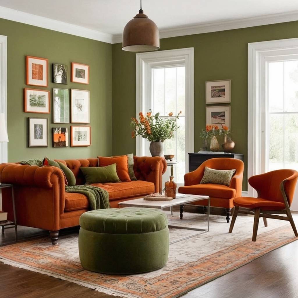 Living room with olive green walls and burnt orange furniture.
