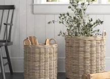 set of large rattan baskets with olive tree inside and wood