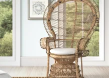 rattan peacock chair on jute rug