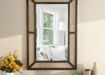 rectangle wood rattan wall mirror with black frame