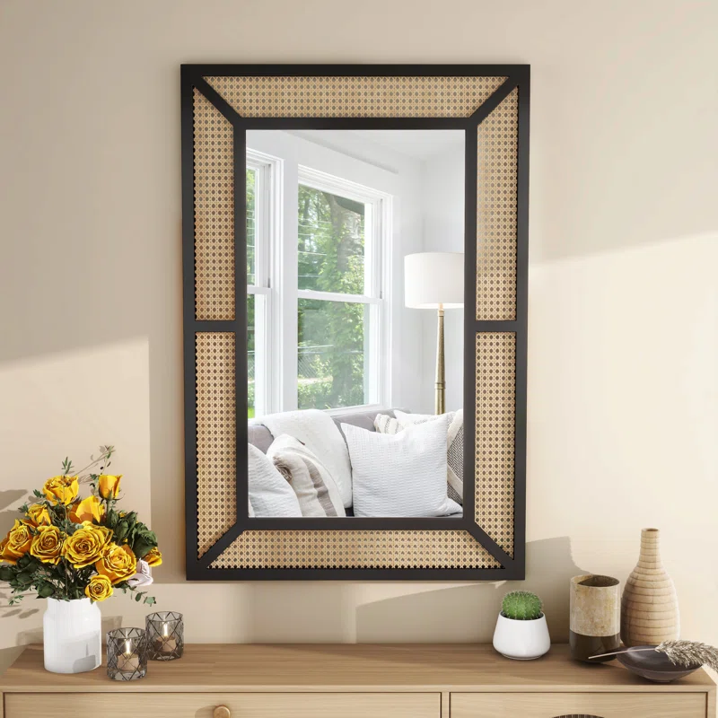 rectangle wood rattan wall mirror with black frame