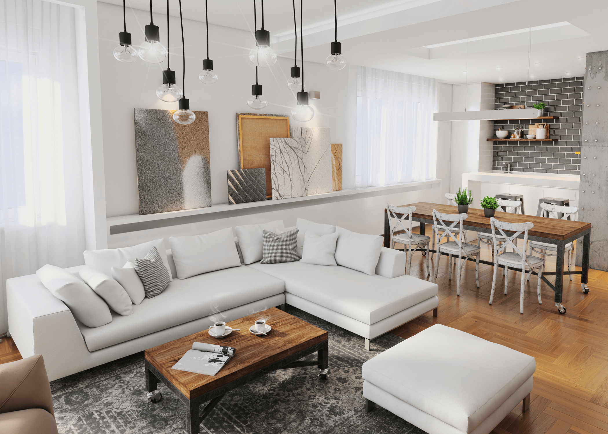 wide shot of apartment with white clean modern decor