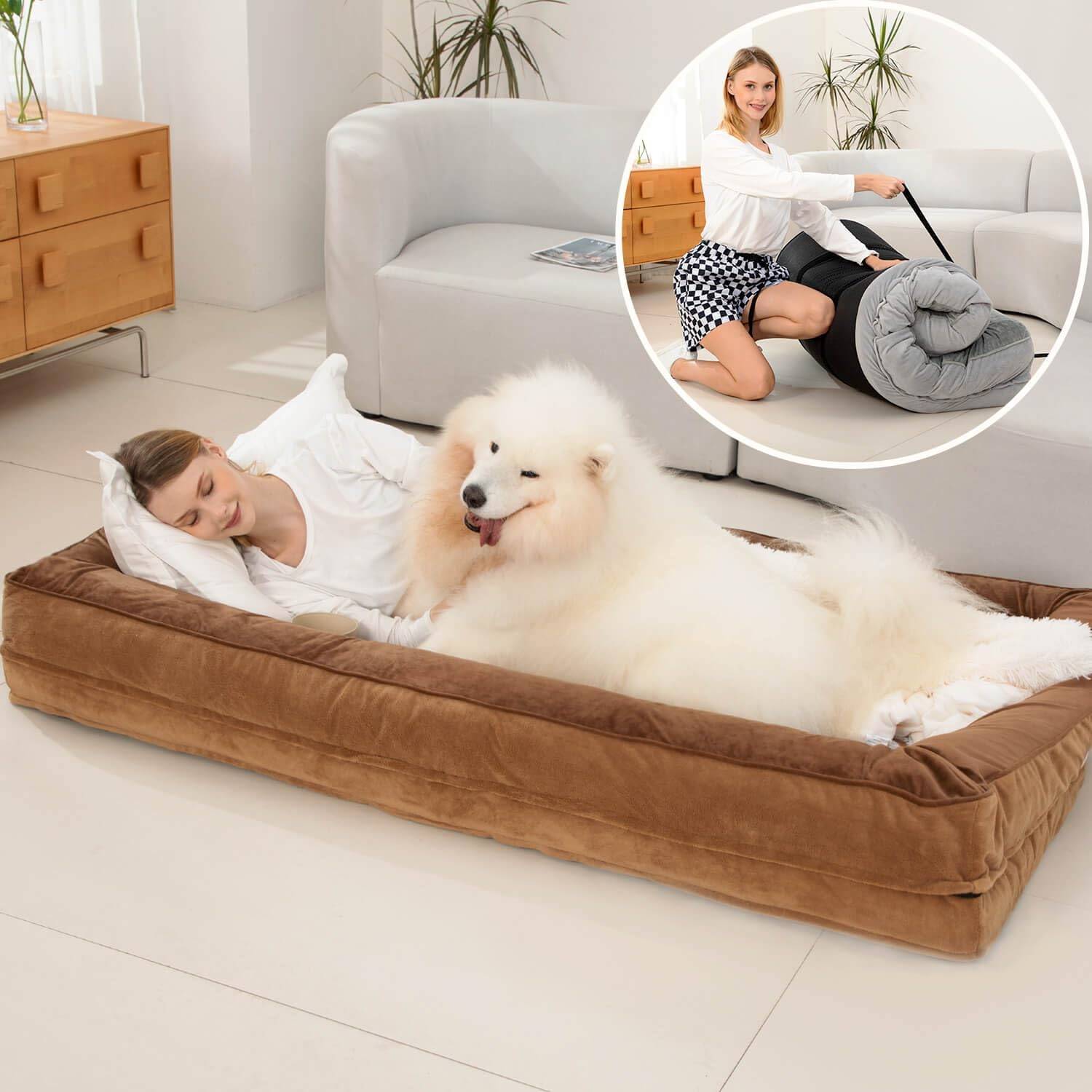 human dog bed with woman and big white fluffy dog