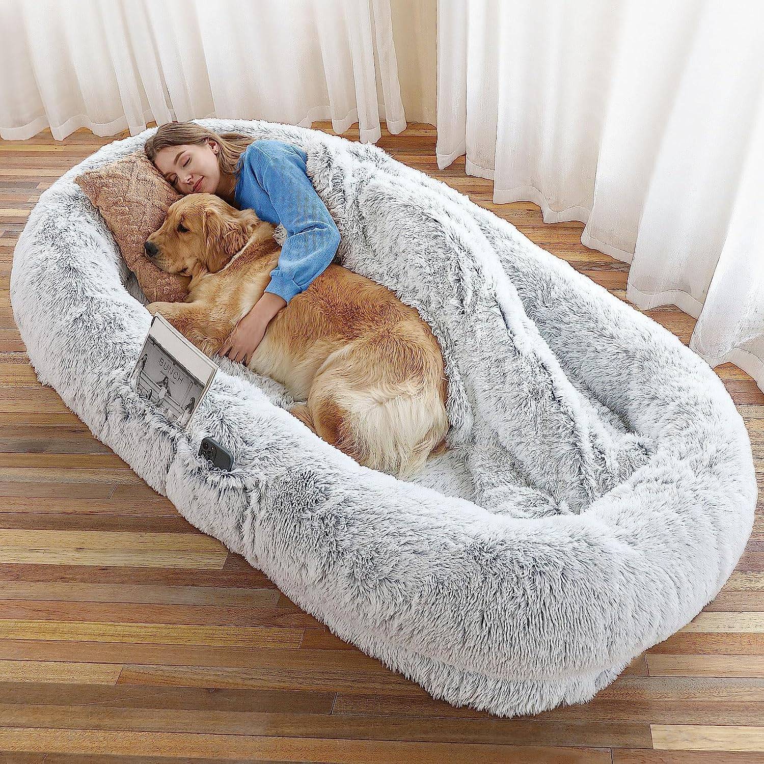 human dog bed woman and golden retriever sleeping in